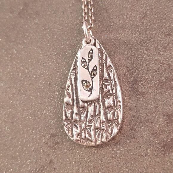 Sterling Silver Artisan Textured Tear Drop Marcasite Twig Tag Necklace - Picture 4 of 7